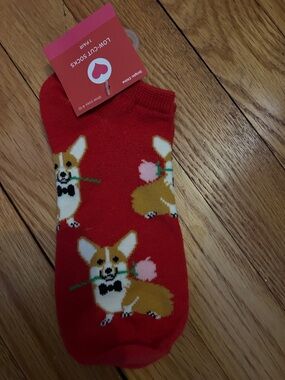 Low-Cut Red Corgi Dog Socks with Rose